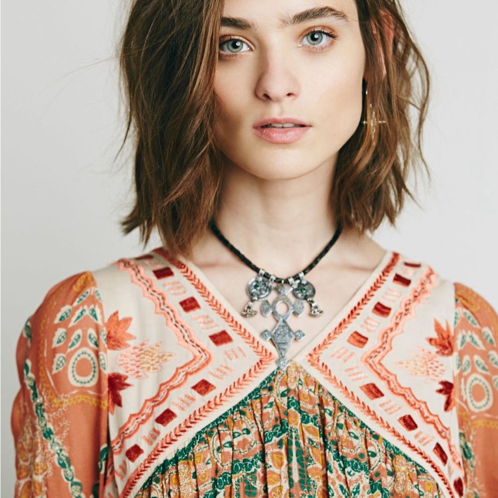 Free People Pink City Long Sleeve Floral Dress in Orange and Green - Picture 4 of 15